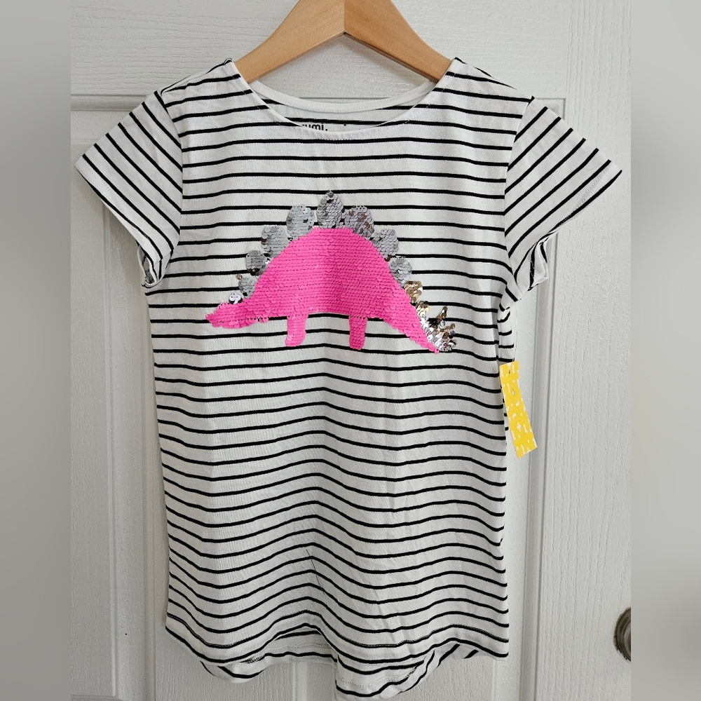 🎈$5 Rumi+Ryder Girls Sequin Dinosaur Striped Top Size M(8-10)